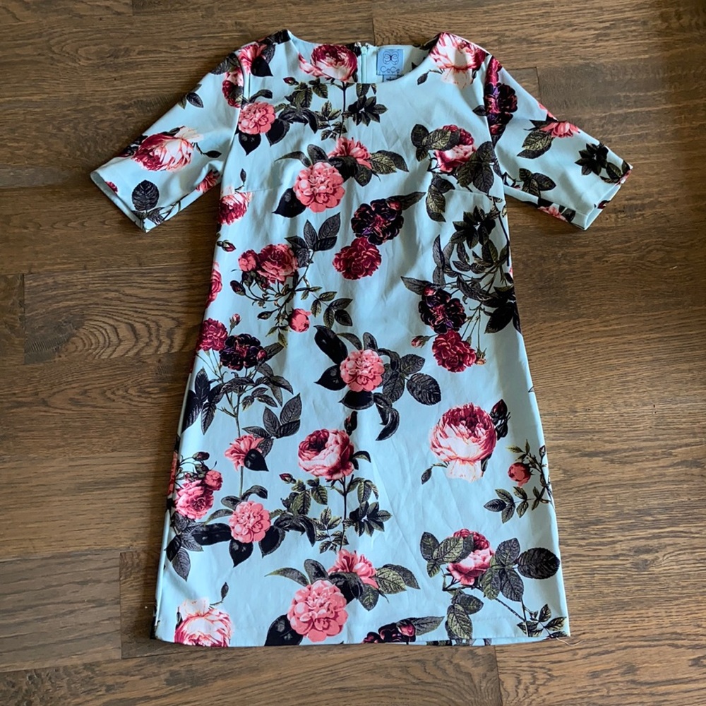 CeCe Half Sleeve Shift Dress, light blue with floral pattern